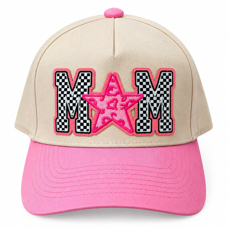 Mom Star checkered patch trucker hat in pink